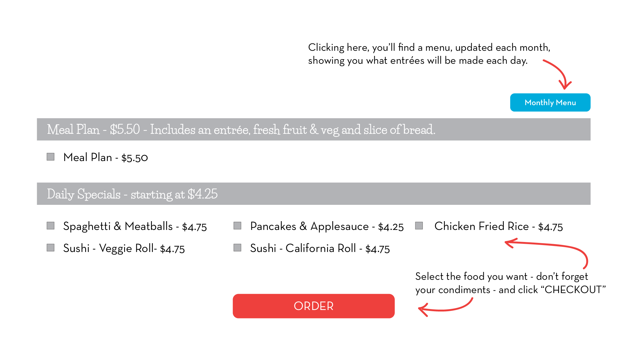 Select your order before clicking 'ORDER'. This will take you to an Order Details page.